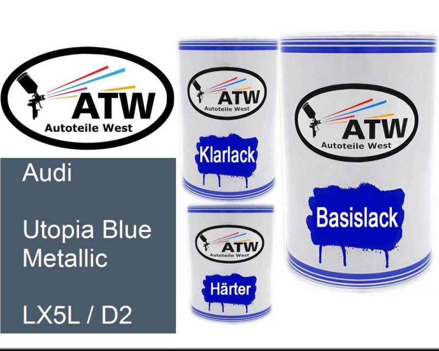 Audi, Utopia Blue Metallic, LX5L / D2: 500ml Lackdose + 500ml Klarlack + 250ml Härter - Set, von ATW Autoteile West.